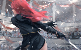 Woman sword stadium snow redhair - a black outfit holding free wallpaper