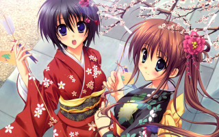 Anime girls kimono umbrella cherry - traditional free wallpaper