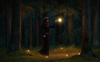 Woman forest moonlight magic fireflies - orb free wallpaper
