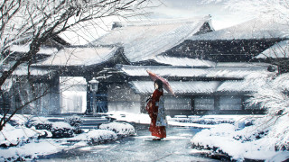 Woman umbrella snow waterfall trees - a waterfall in the background and trees free wallpaper