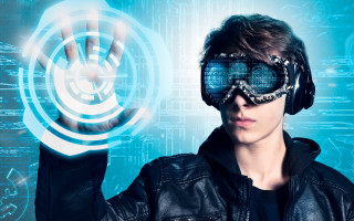 Cyberpunk man virtual glasses leather - futurism free wallpaper
