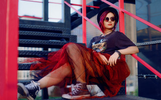 Red skirt sneakers portrait punk - free vintage wallpaper