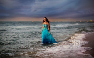 Woman blue dress ocean sunset - the ocean water free wallpaper