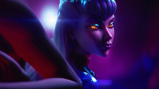 Glowing eyes purple hair jewelry - a purple light behind her free wallpaper