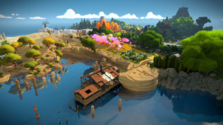 Floating house lake dock trees - the background and a mountain in the distance free wallpaper