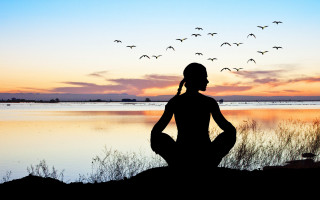 Woman yoga birds sunset lake - figurativism free wallpaper