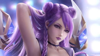 Purple haired sword woman kda - a purple outfit free wallpaper