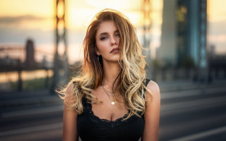 Blonde woman bridge sunset bokeh - the wind free wallpaper for desktop