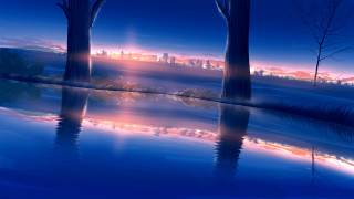 City skyline night lake magic - a lake in the foreground and trees free wallpaper