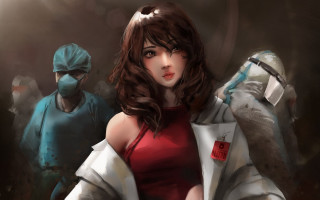 Woman red dress gun man - biopunk free wallpaper