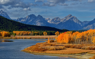 River mountains trees sunset clouds - yellow leaf free wallpaper