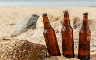 Three brown bottles beach rock - sandy free wallpaper