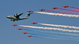 Airplanes formation colored smoke blue - a blue sky background free wallpaper