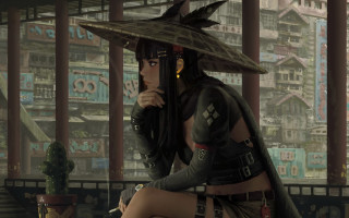 Woman cyberpunk fantasy urban library - a woman in a costume free wallpaper for desktop