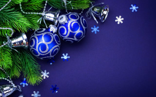 Blue ornament silver bells snowflakes - plain background free wallpaper for desktop