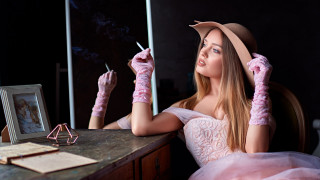 Woman pink dress smoking gloves - a cigarette free wallpaper for desktop