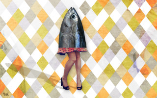 Woman dress fish object face - a pop art painting free wallpaper