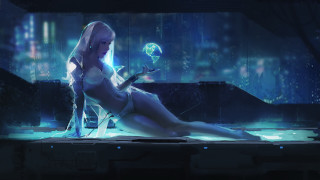 Futuristic city woman glass ball - a glass ball free wallpaper