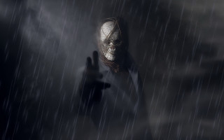 Man hooded mask rain lightning - his hand free wallpaper for desktop