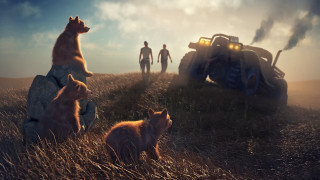 Animals field vehicle man dog - top of a grass free wallpaper