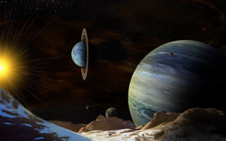 Planets sun mountain astronaut aurora - matte painting concept art free wallpaper