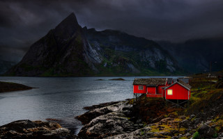 Red house rocky shore mountain - a red house free wallpaper