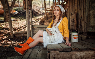 Woman yellow jacket white dress - a wooden bench free wallpaper
