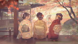 Three women kimono autumn flowers - three woman free wallpaper