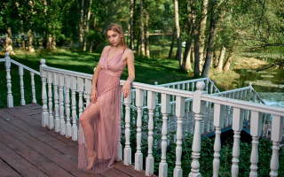 Pink dress woman porch river - a pink dress free wallpaper