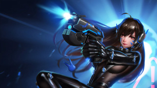Woman black catsuit gun blue - a blue light behind her free wallpaper