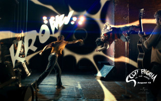 Man dancing stage microphone guitar - action painting free wallpaper