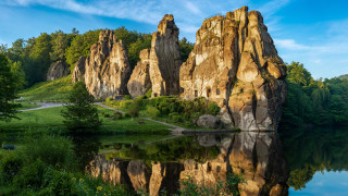 Romantic lake rocks trees path - a path free wallpaper