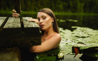 Woman red dress pond lily - a wooden dock free wallpaper