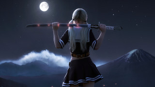 Woman mountain fullmoon ski pole - full free wallpaper