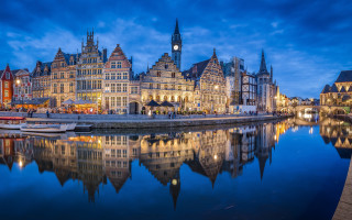 City clocktower river night blue - panoramic view free wallpaper