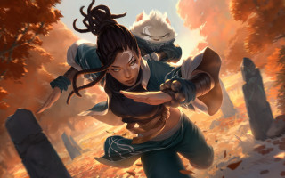 Woman sword cat demon autumn - a cat free wallpaper