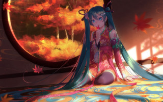 Girl blue hair sitting autumn - anime art free wallpaper