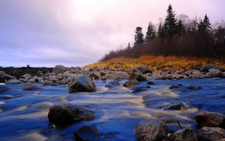 River rocks water trees clouds - rock and water free wallpaper