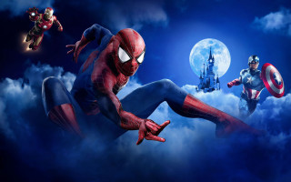Superheroes flying castle moon panfuturism - a castle in the background free wallpaper