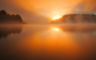 Sunset lake mountains fog orange - sunrise free wallpaper