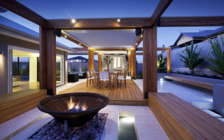 Patio firepit dining night lights - warm free wallpaper