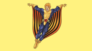 Man blue yellow costume flying - his hands out free wallpaper