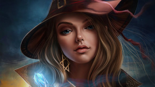 Woman hat wand glowing light - fantasy character portrait free wallpaper