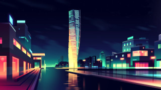 City night river tower cyberpunk - alena aenami free wallpaper