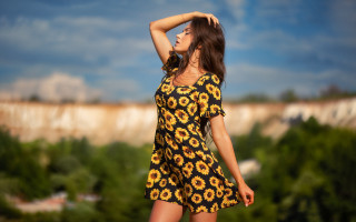 Sunflower dress cliff trees summer - a picture in front free wallpaper for desktop