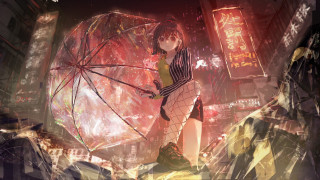 Woman umbrella city night neon - cyberpunk art free wallpaper