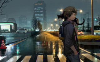Night city street cat hoodie - graffiti free wallpaper