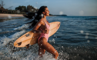 Pink swimsuit surfboard beach palm - kitsch movement free wallpaper