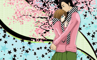 Couple kissing tree stars pink - under free wallpaper