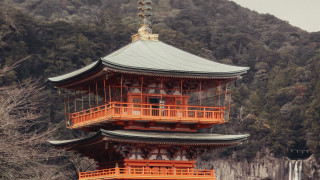 Tall pagoda clock waterfall trees - eishōsai chōki free wallpaper